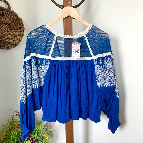 NWT Free People Carly Embroidered Top Blue XS - Picture 14 of 15